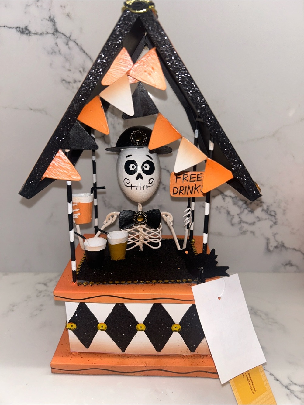 Handcrafted Halloween Skeleton Drink Stand - Orange Black and white